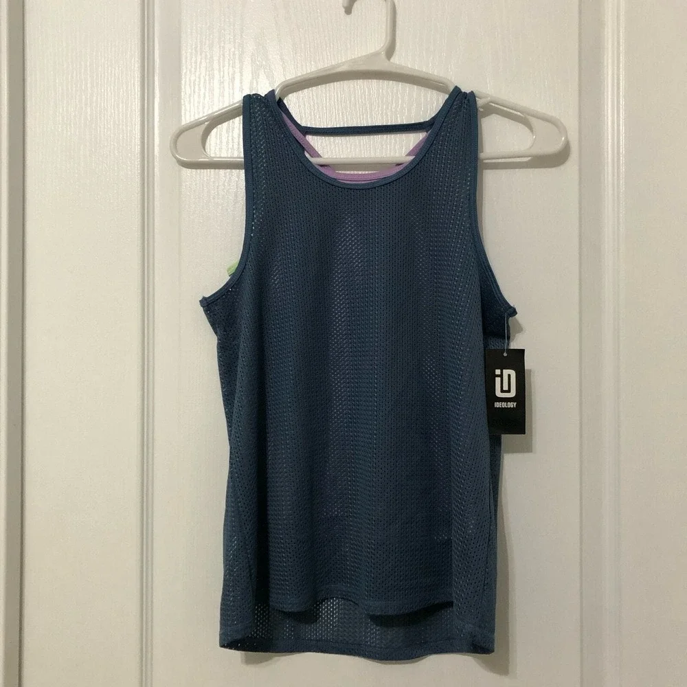 Ideology Girls Blue Mesh Layered‎ Tank Top Built-In Sports Bra Size Medium NWT
